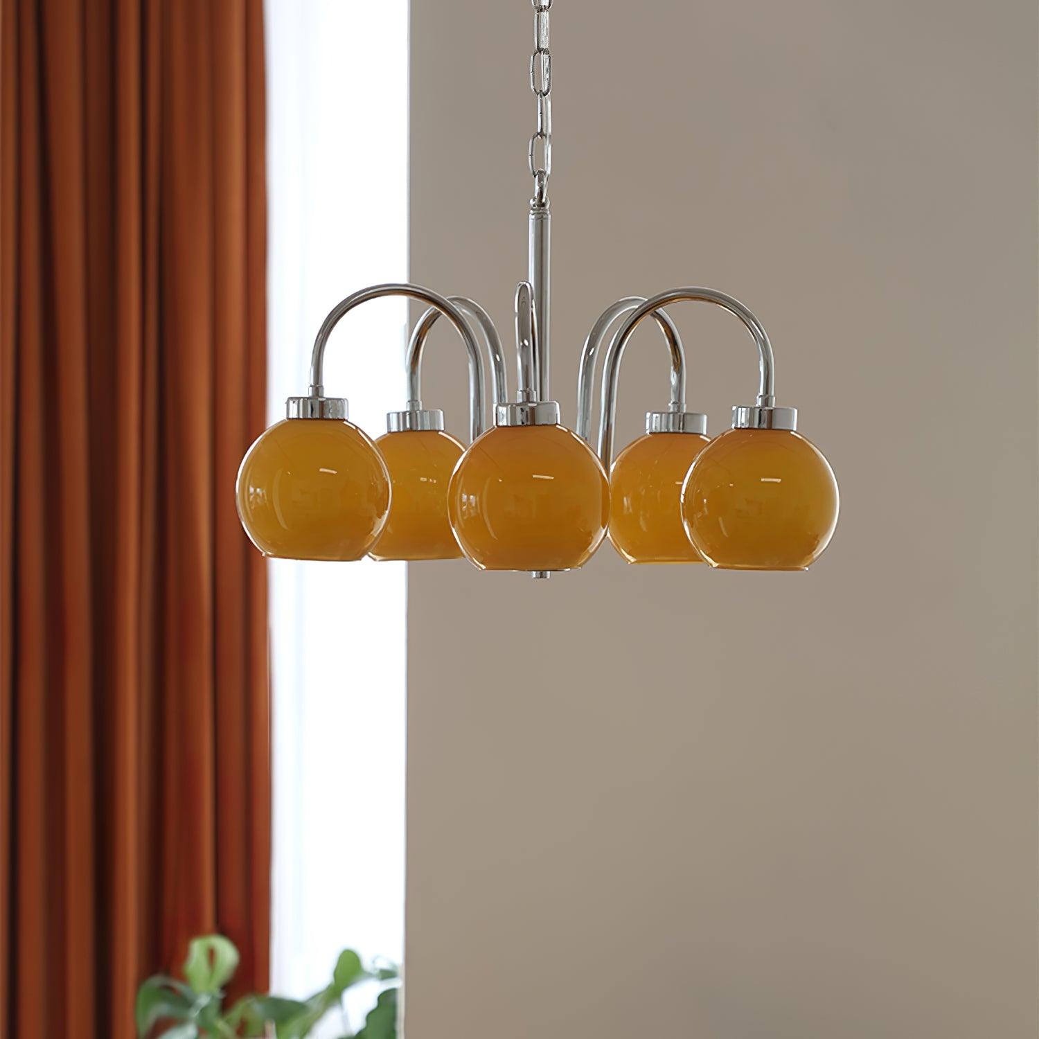 Loa Mid Century Modern Yellow Glass Globe Chandelier with Polished Chrome Finish