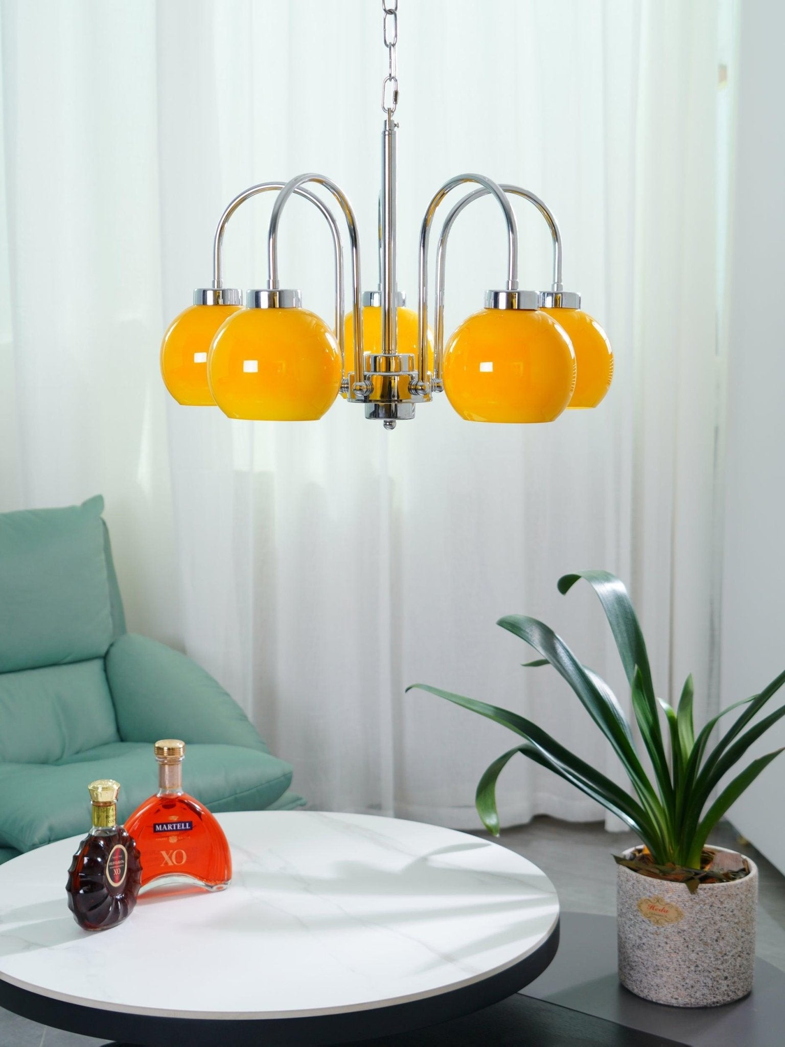 Loa Mid Century Modern Yellow Glass Globe Chandelier with Polished Chrome Finish