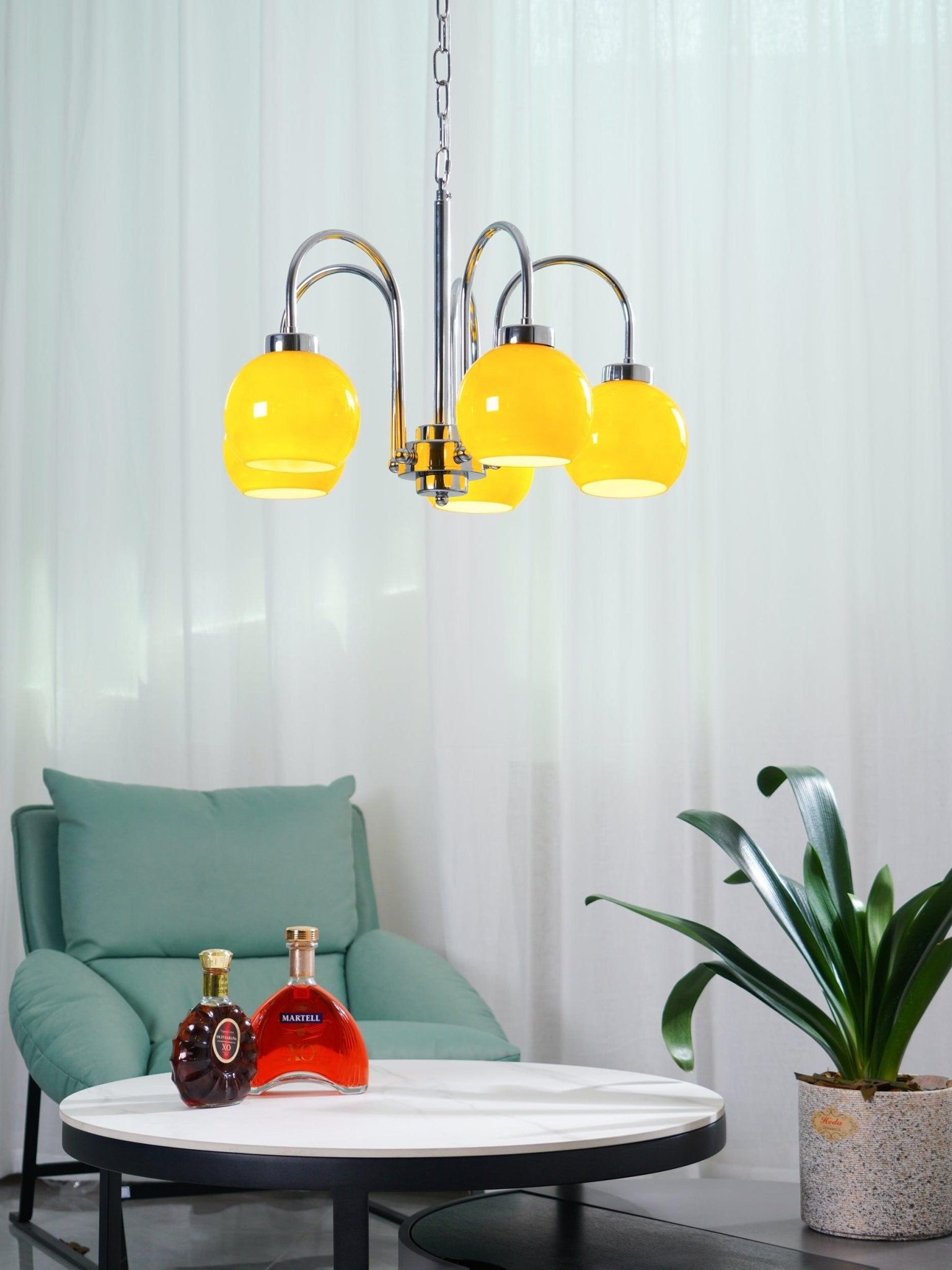 Loa Mid Century Modern Yellow Glass Globe Chandelier with Polished Chrome Finish