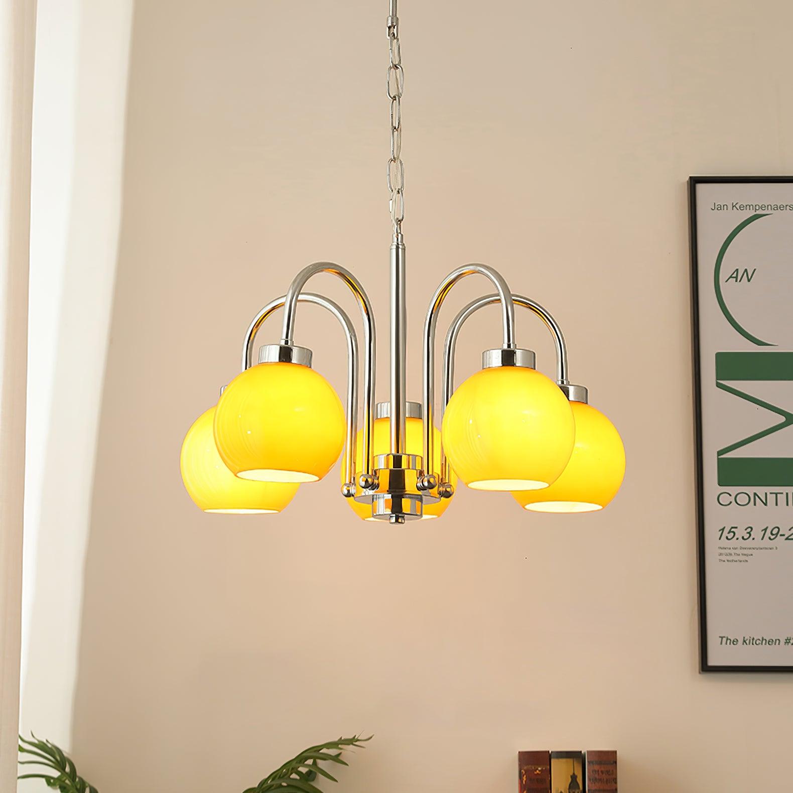 Loa Mid Century Modern Yellow Glass Globe Chandelier with Polished Chrome Finish