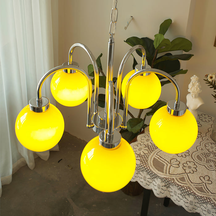 Loa Mid Century Modern Yellow Glass Globe Chandelier with Polished Chrome Finish