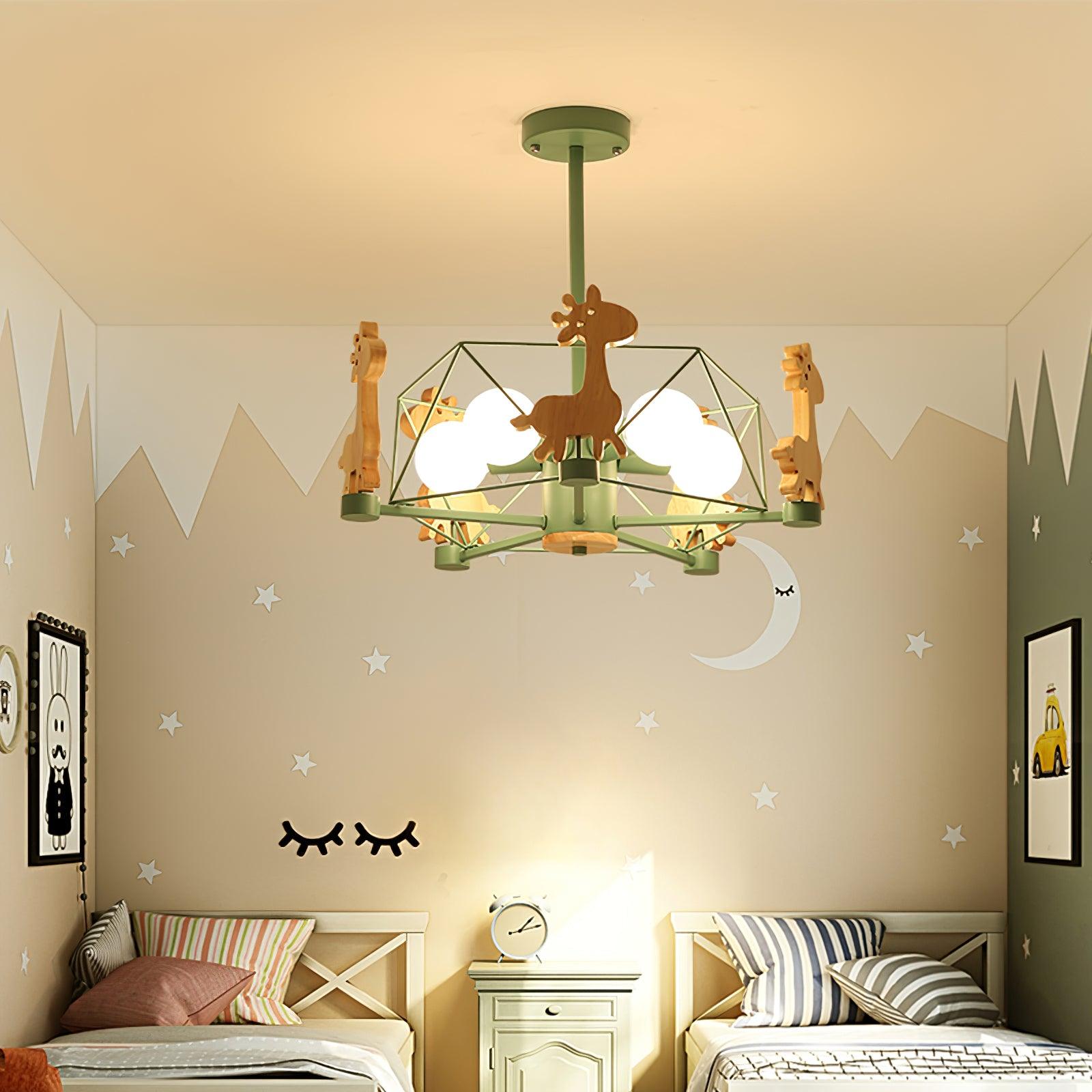 Lovely Deer Animal Themed Wooden Chandelier Ceiling Light for Kids Bedroom and Playroom