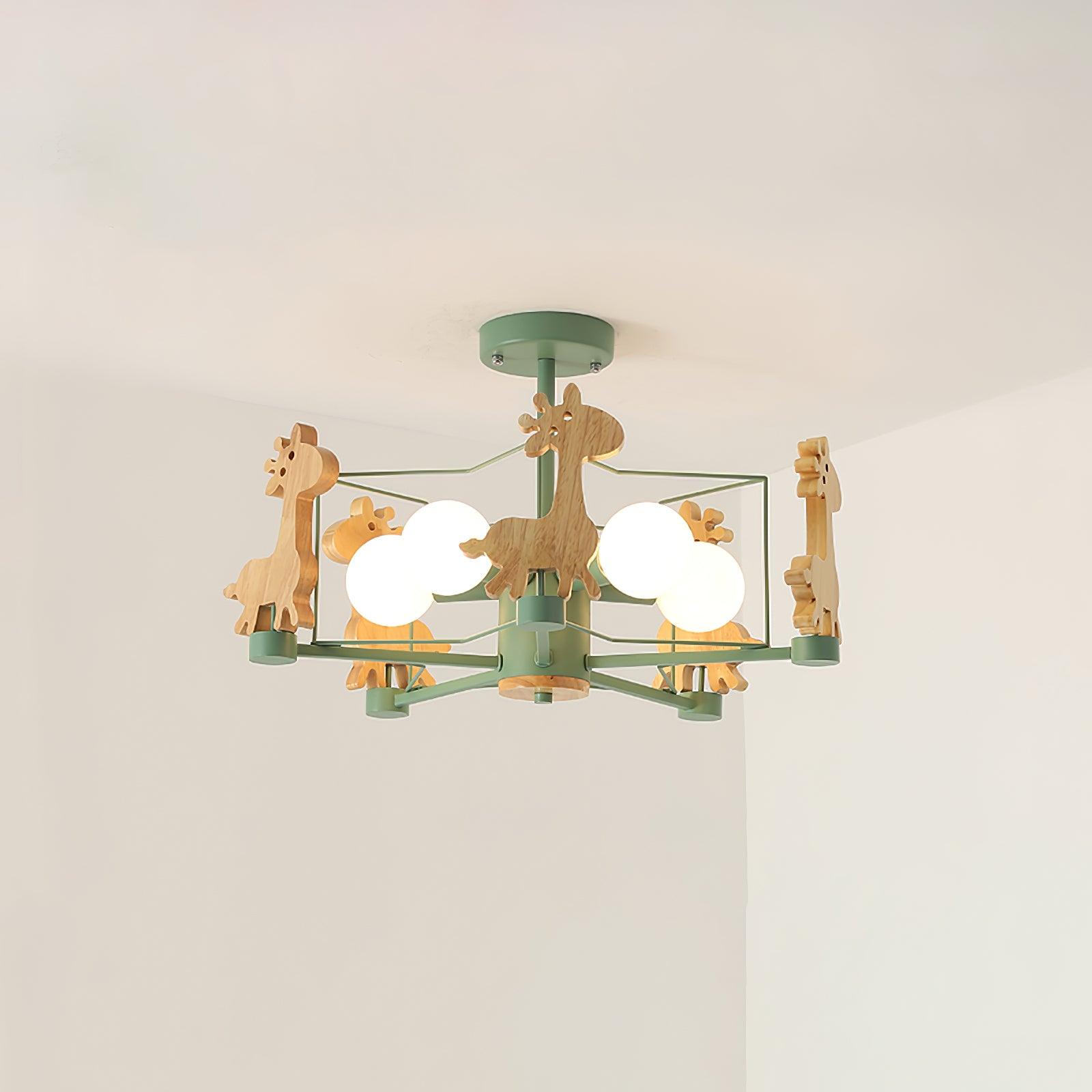 Lovely Deer Animal Themed Wooden Chandelier Ceiling Light for Kids Bedroom and Playroom