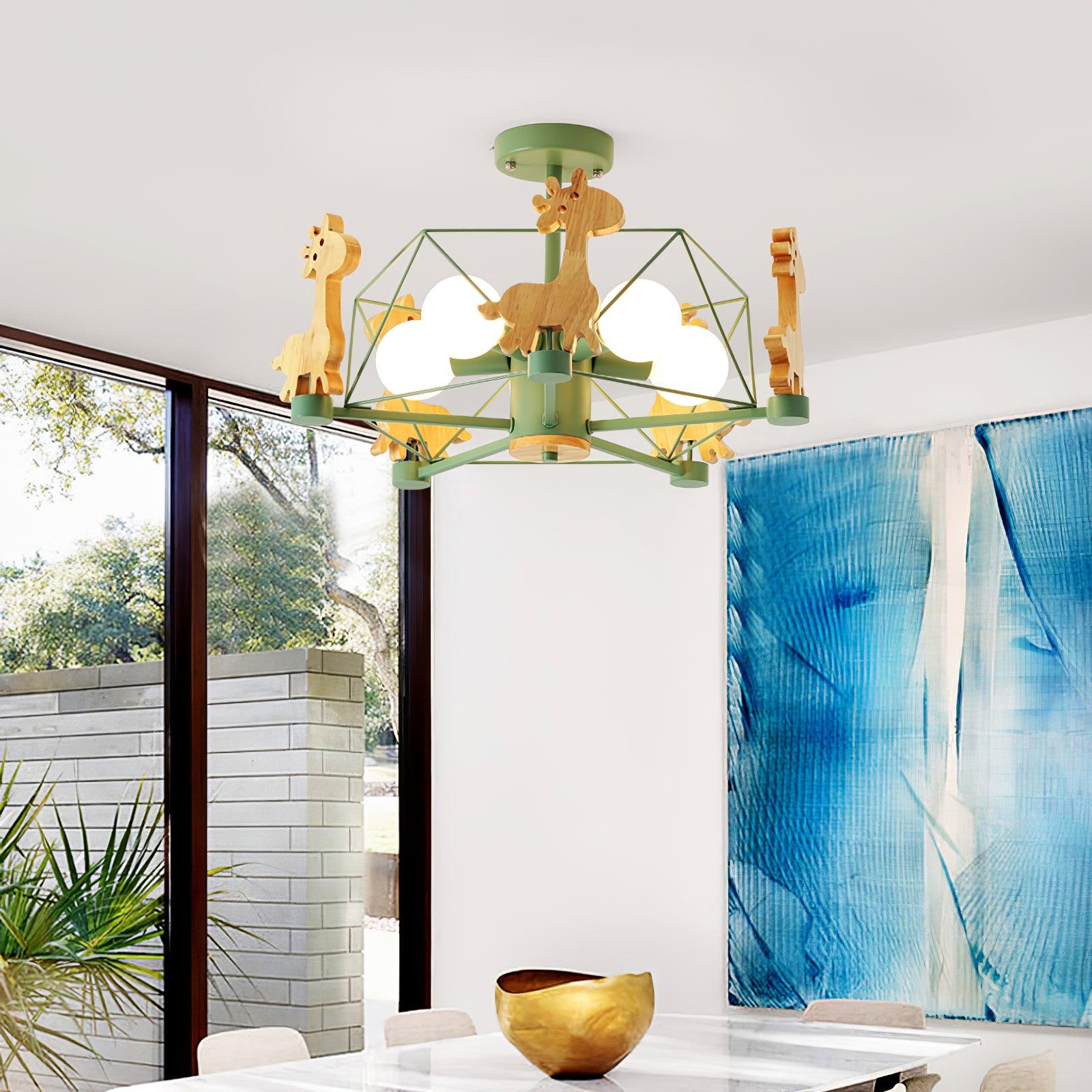 Lovely Deer Animal Themed Wooden Chandelier Ceiling Light for Kids Bedroom and Playroom