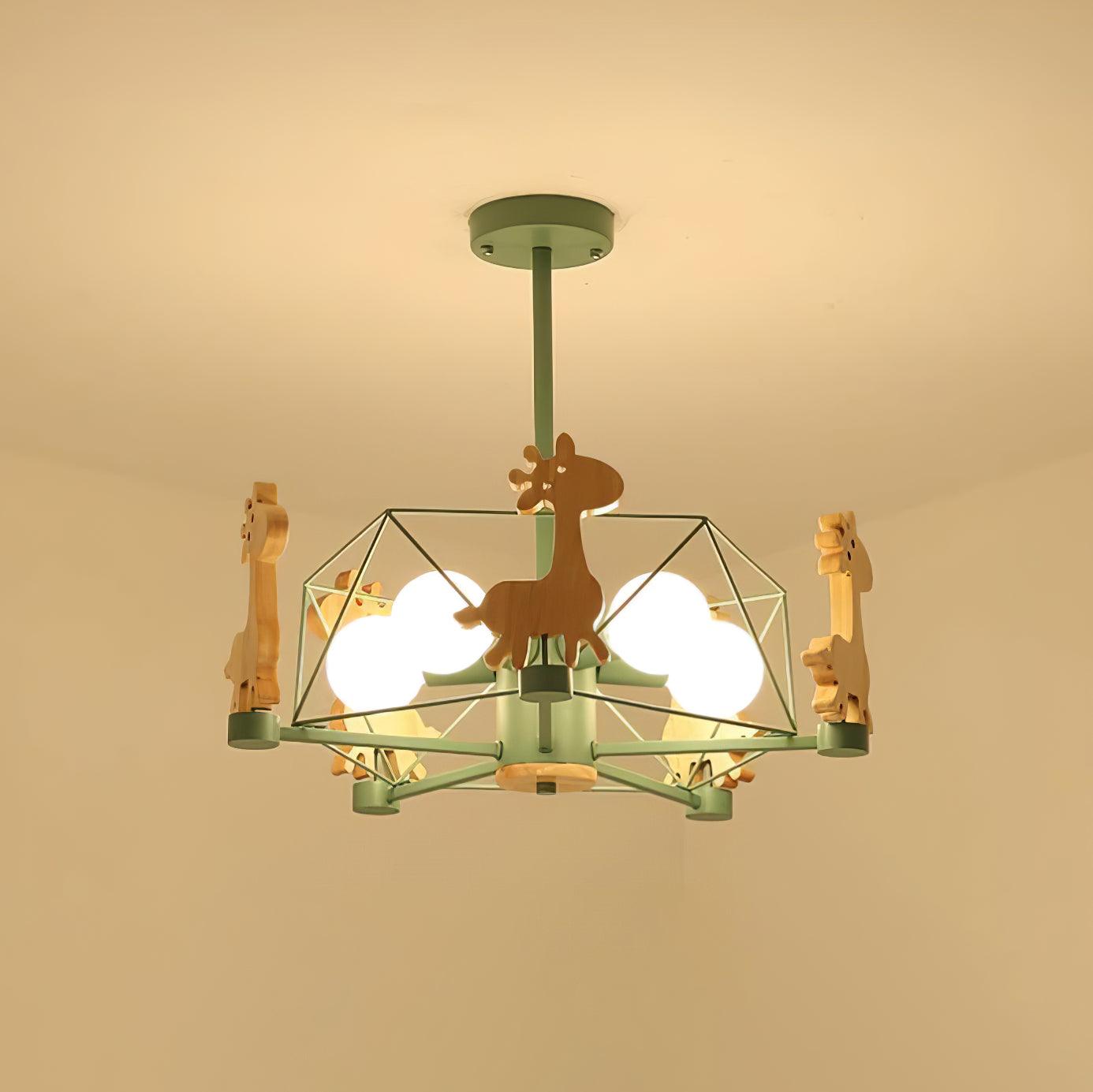 Lovely Deer Animal Themed Wooden Chandelier Ceiling Light for Kids Bedroom and Playroom