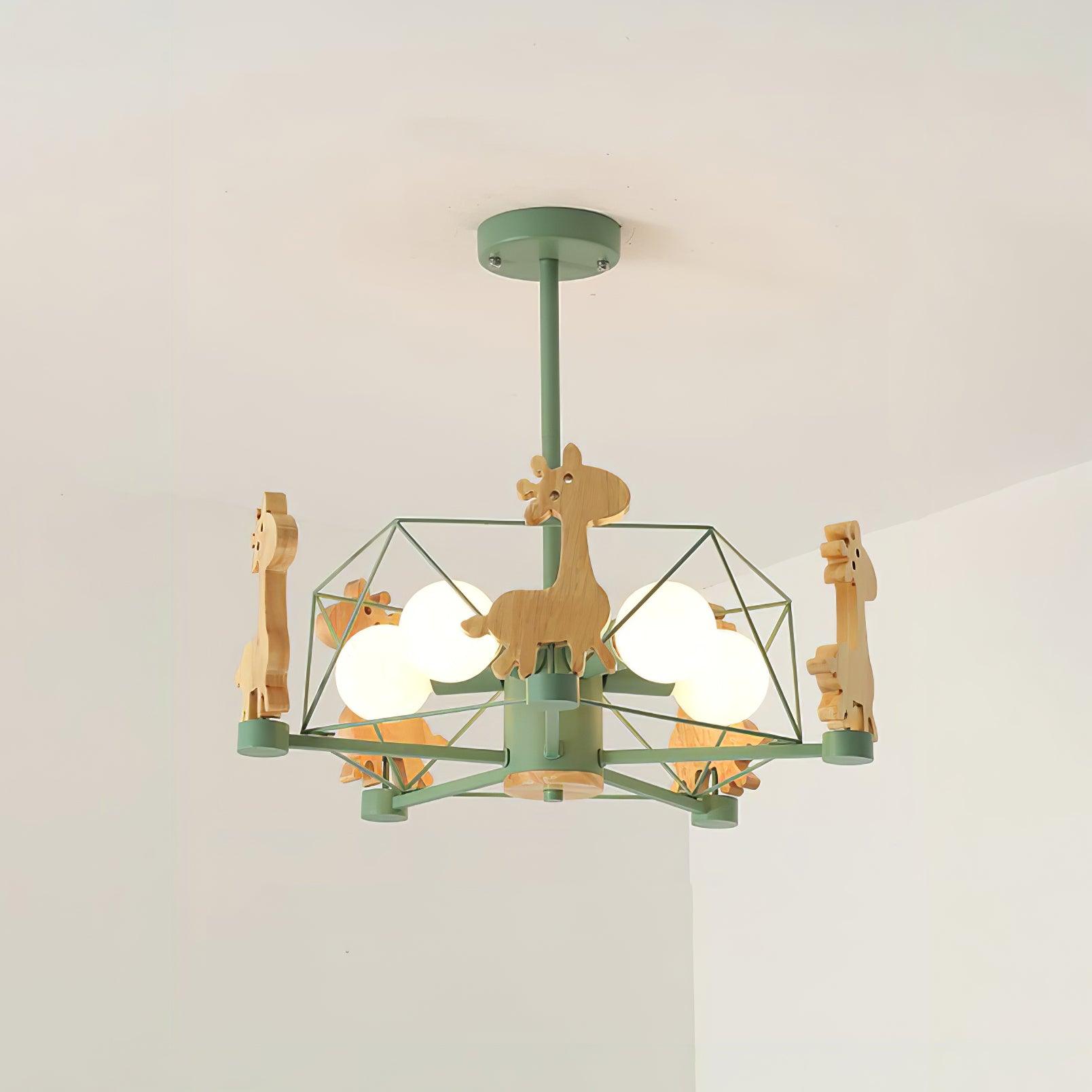 Lovely Deer Animal Themed Wooden Chandelier Ceiling Light for Kids Bedroom and Playroom