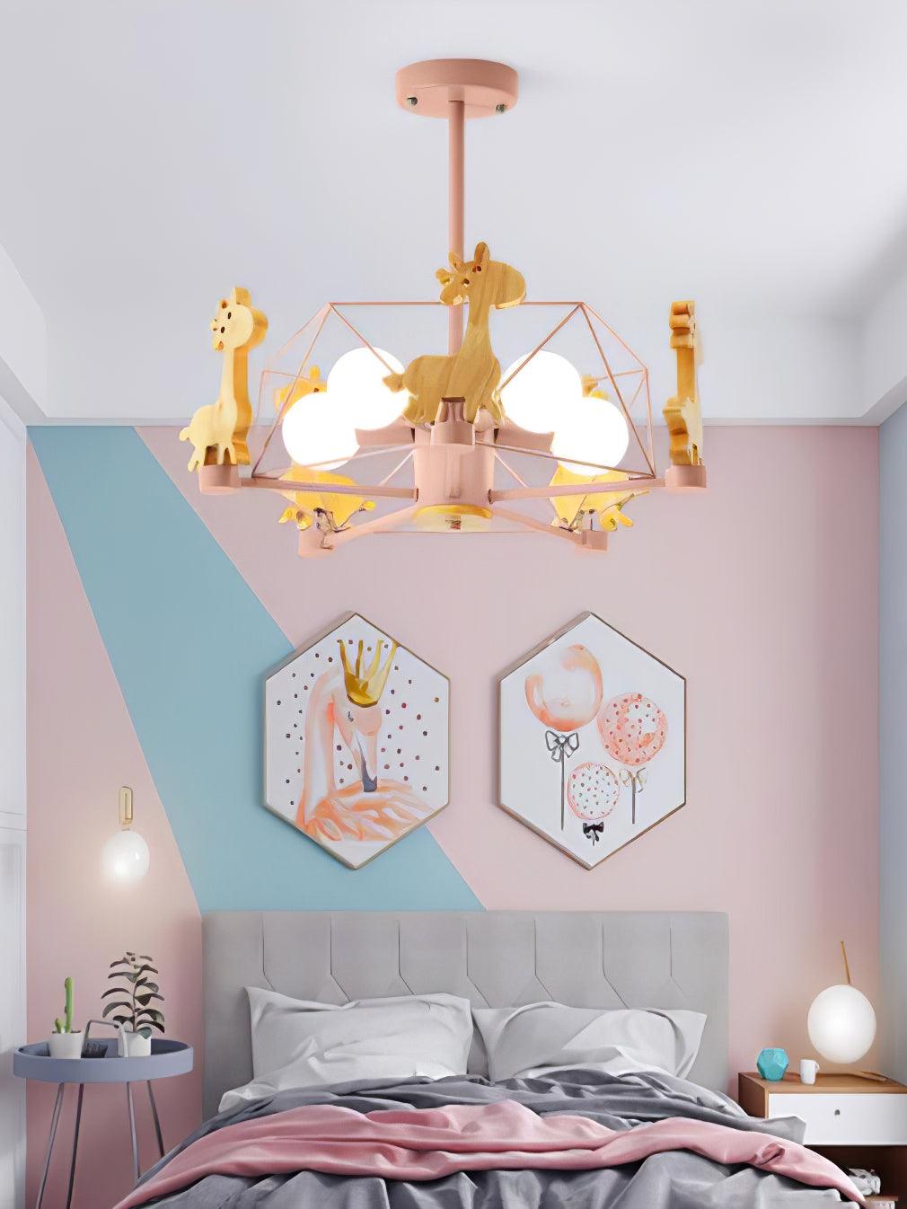Lovely Deer Animal Themed Wooden Chandelier Ceiling Light for Kids Bedroom and Playroom
