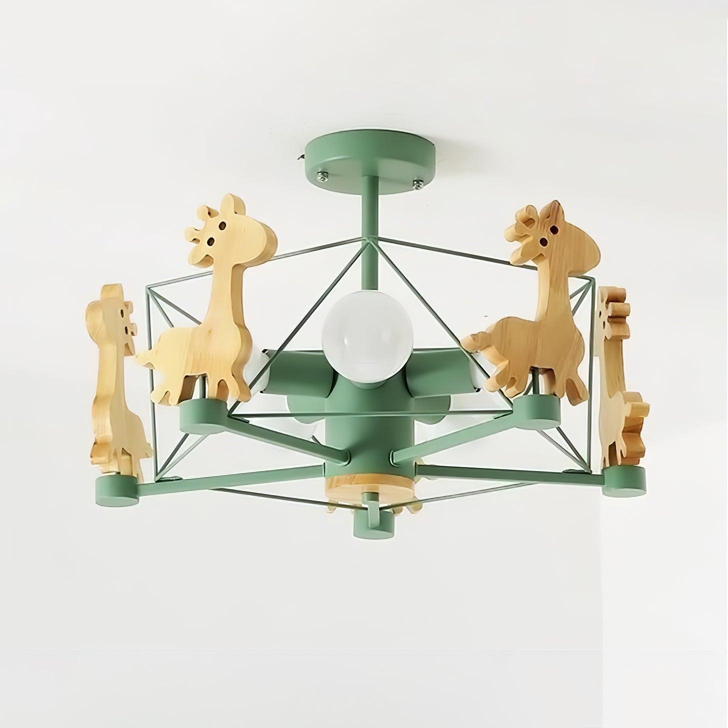 Lovely Deer Animal Themed Wooden Chandelier Ceiling Light for Kids Bedroom and Playroom