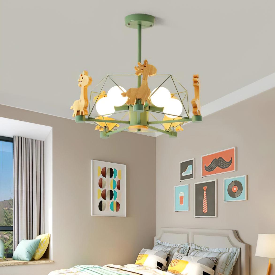 Lovely Deer Animal Themed Wooden Chandelier Ceiling Light for Kids Bedroom and Playroom