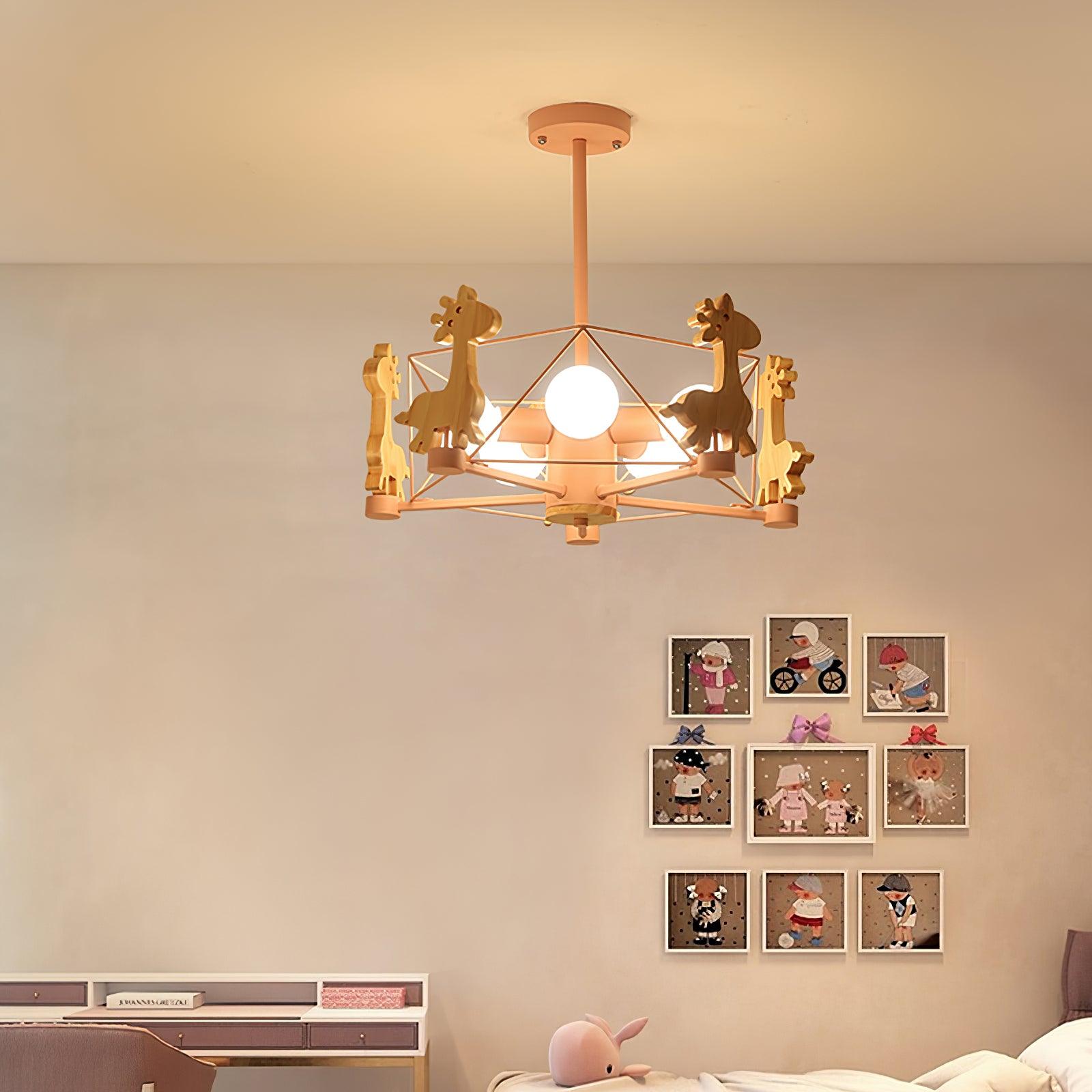 Lovely Deer Animal Themed Wooden Chandelier Ceiling Light for Kids Bedroom and Playroom