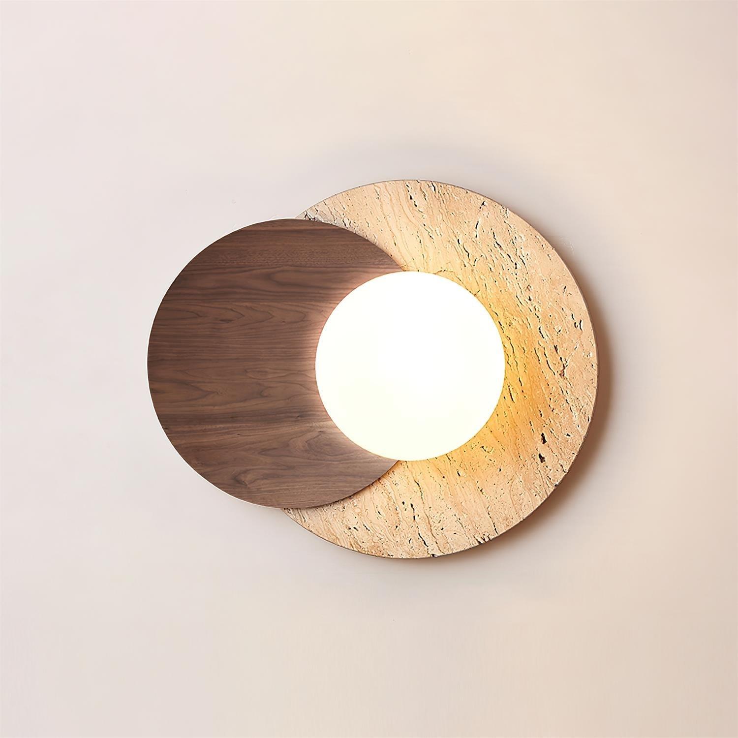 Lunar Eclipse Modern Glass Globe Wall Lamp with Travertine and Wood Base