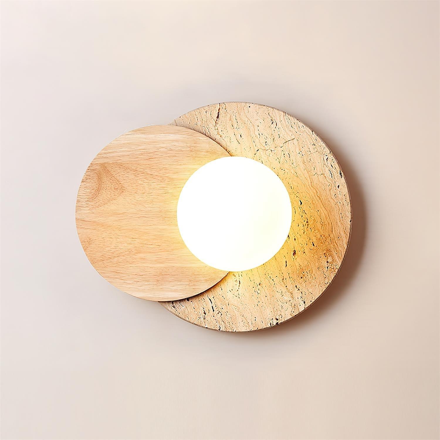 Lunar Eclipse Modern Glass Globe Wall Lamp with Travertine and Wood Base