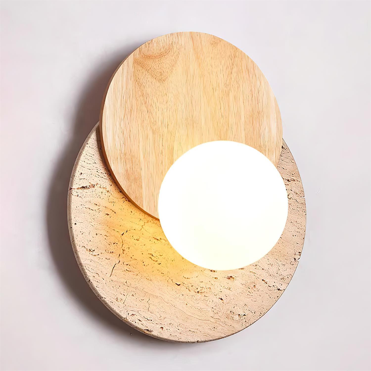Lunar Eclipse Modern Glass Globe Wall Lamp with Travertine and Wood Base