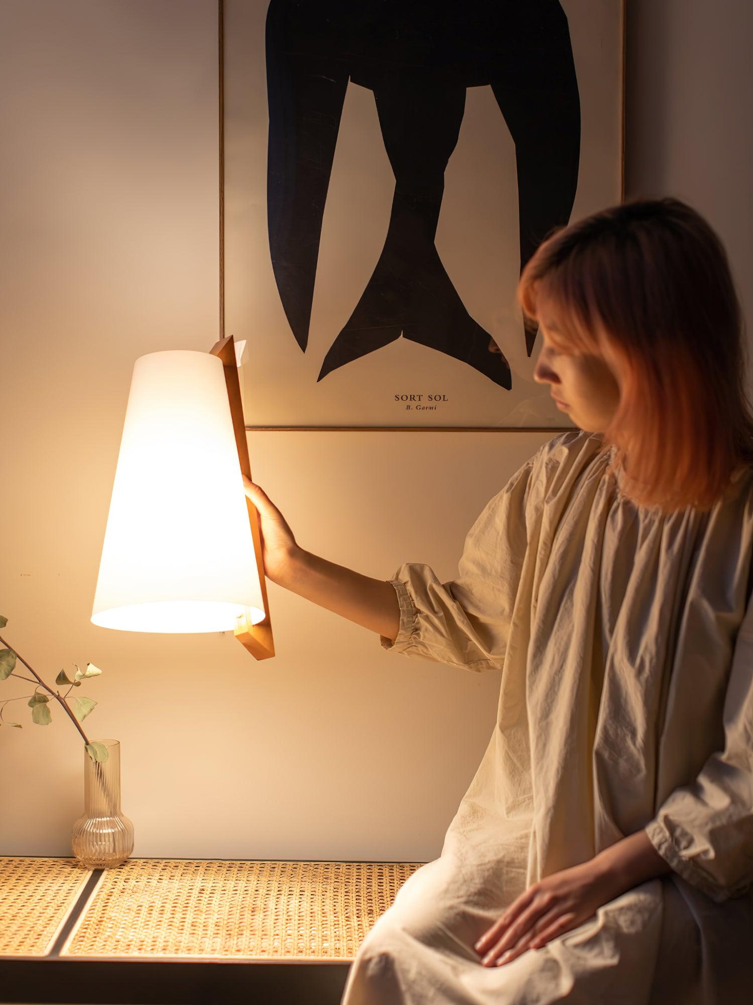 Lupe Minimalist Conical Rice Paper Wall Sconce with Walnut Wood Base Set of 2