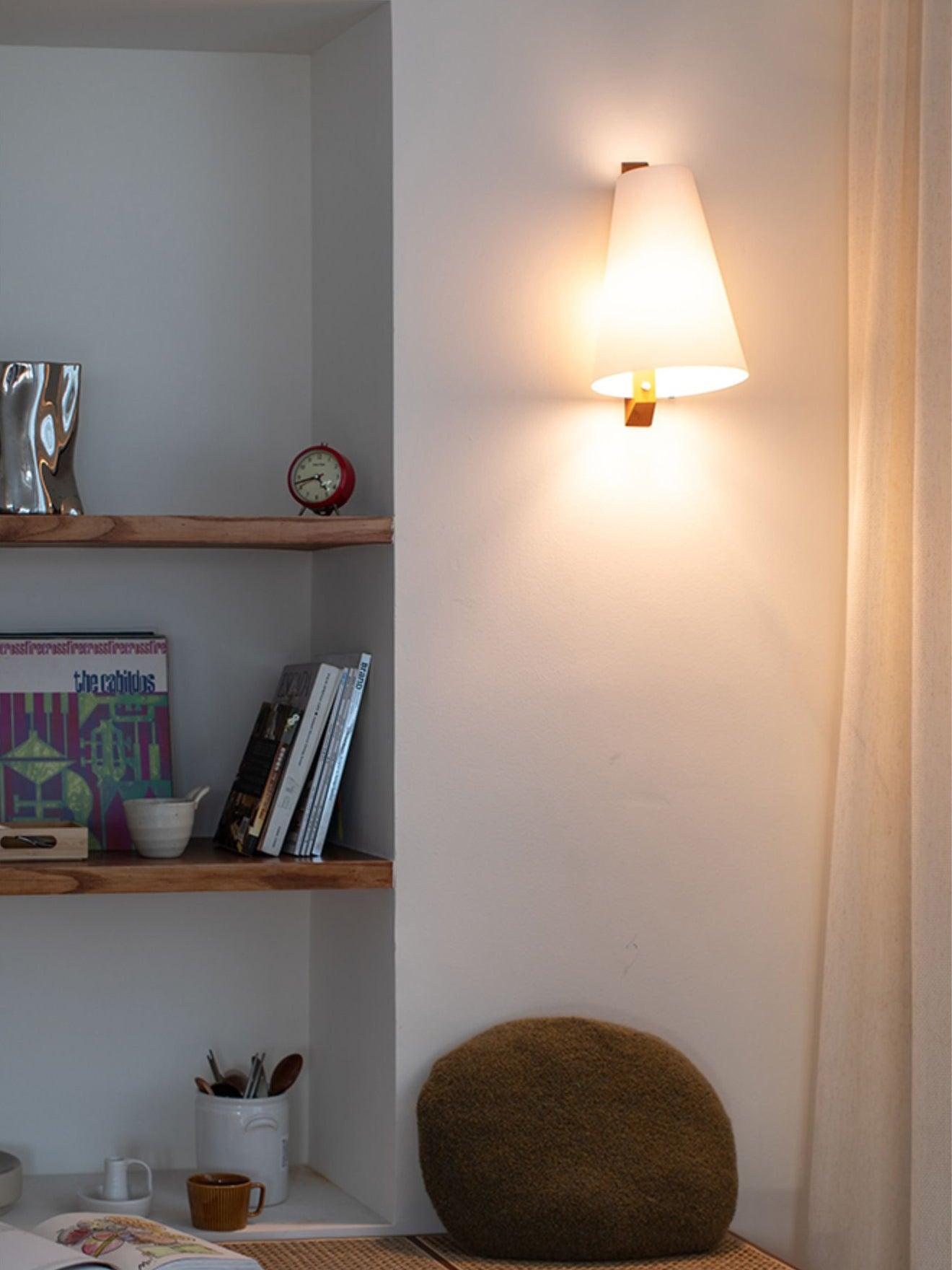 Lupe Minimalist Conical Rice Paper Wall Sconce with Walnut Wood Base Set of 2