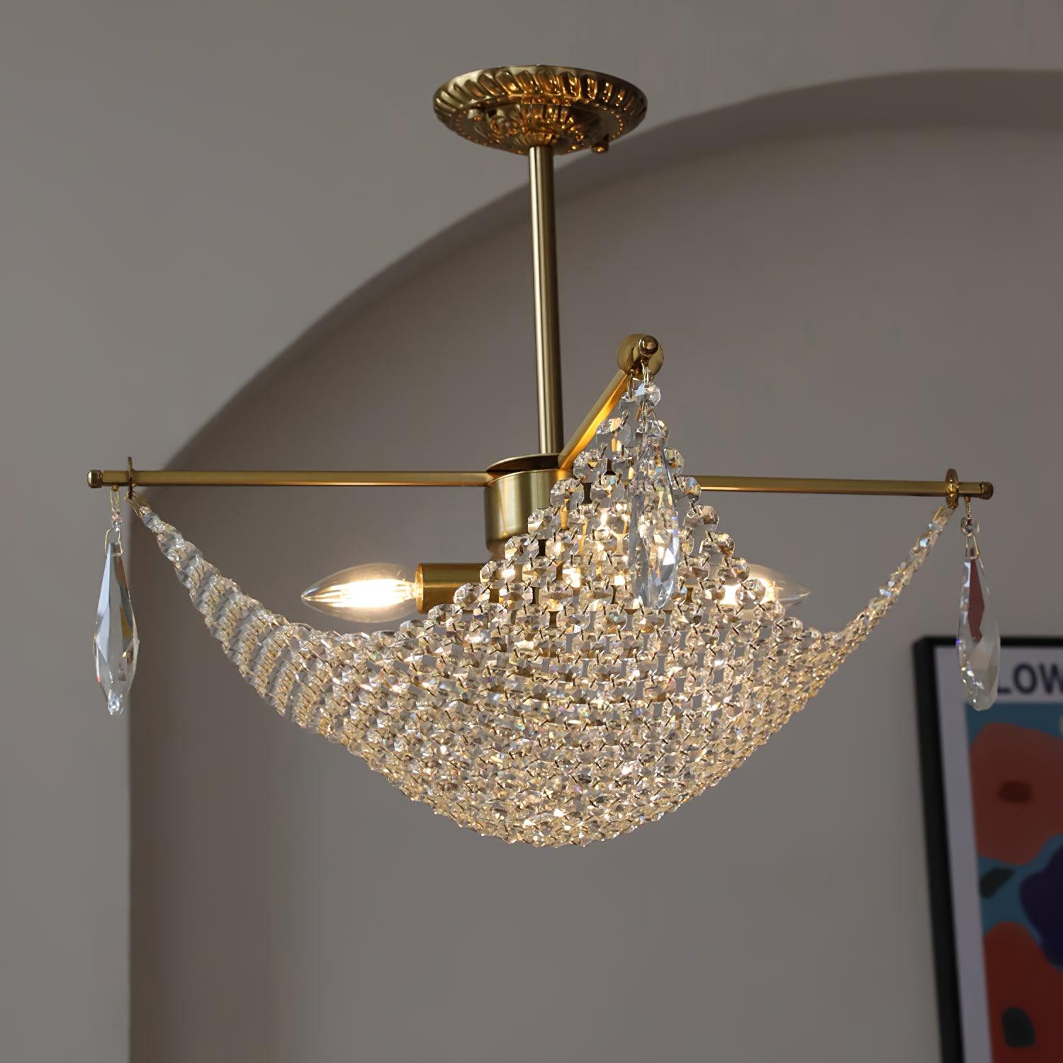 Luxurious Crystal Crown Chandelier Copper Plated Hemispherical Pendant Lighting