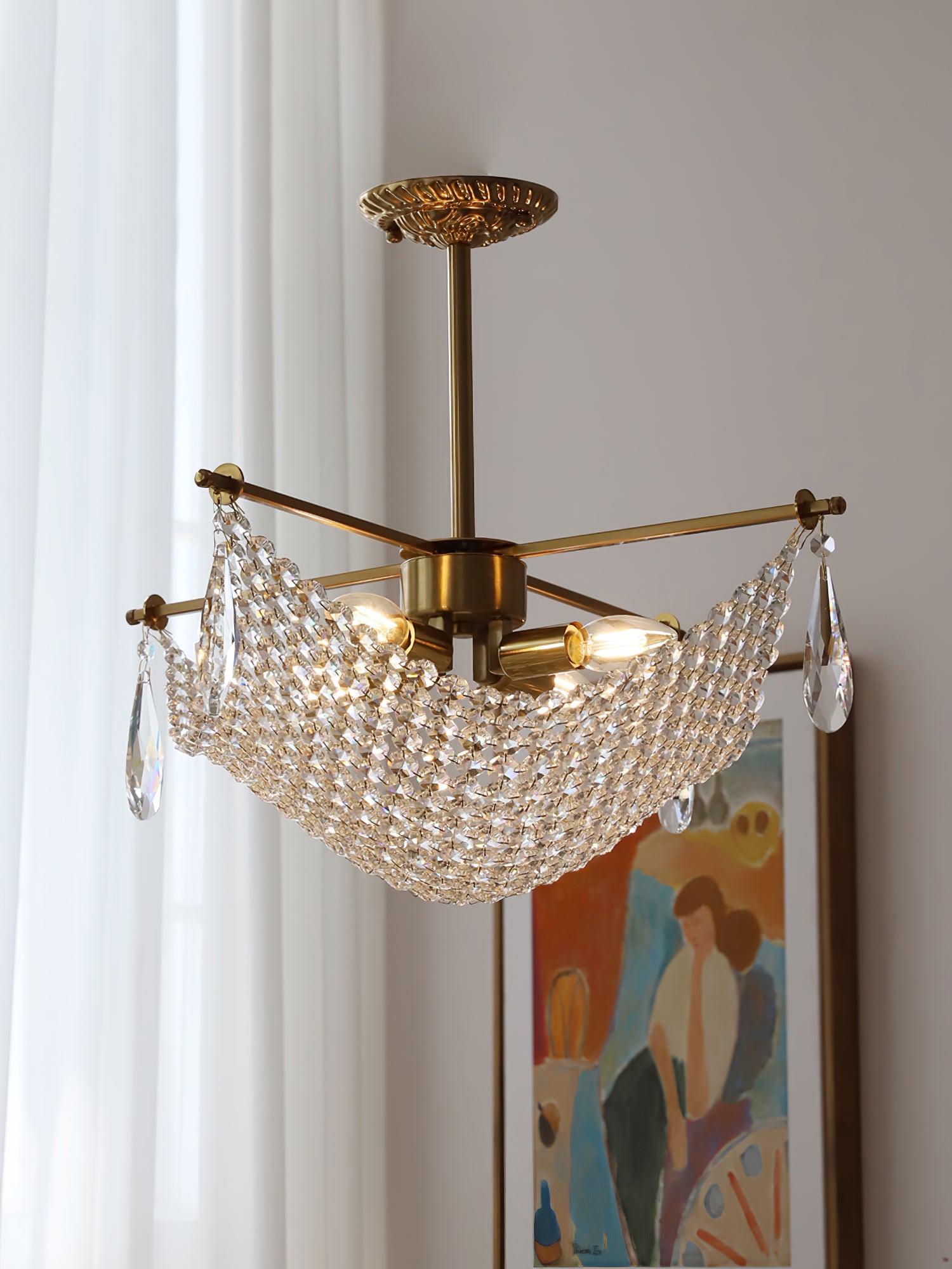 Luxurious Crystal Crown Chandelier Copper Plated Hemispherical Pendant Lighting