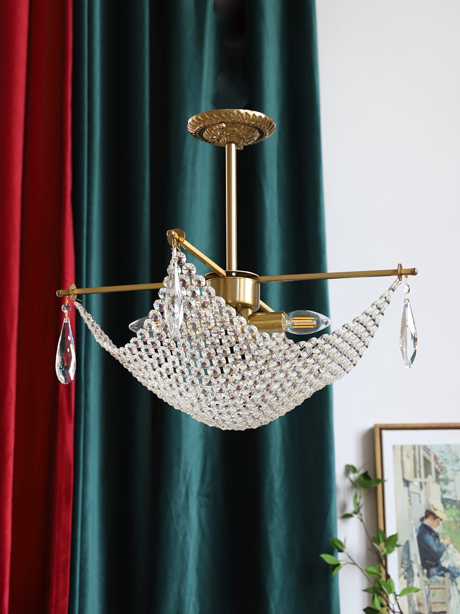 Luxurious Crystal Crown Chandelier Copper Plated Hemispherical Pendant Lighting