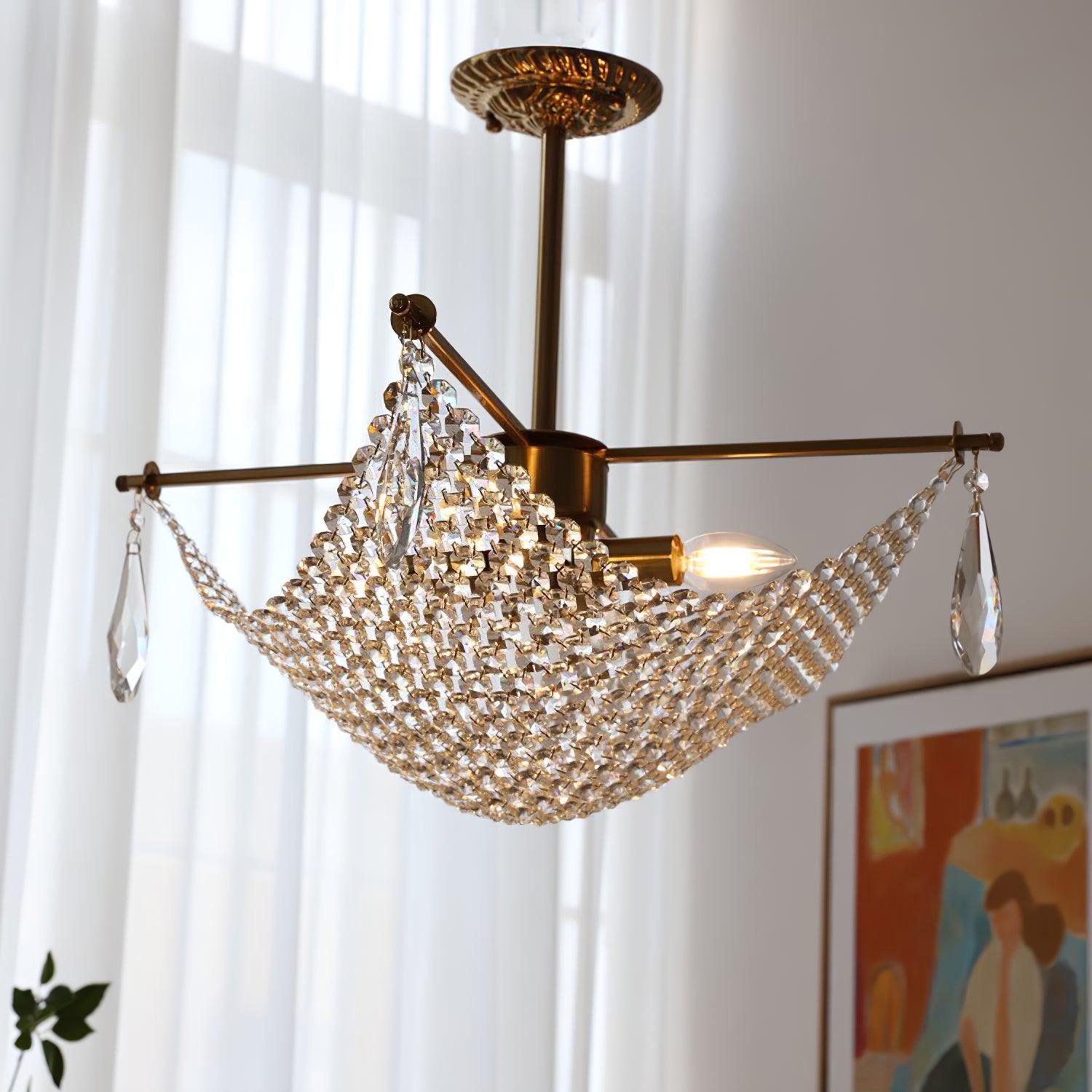 Luxurious Crystal Crown Chandelier Copper Plated Hemispherical Pendant Lighting