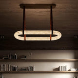 Luxury Alabaster Ring Chandelier with Brown Leather Straps and Integrated LED