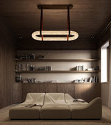 Luxury Alabaster Ring Chandelier with Brown Leather Straps and Integrated LED