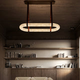 Luxury Alabaster Ring Chandelier with Brown Leather Straps and Integrated LED