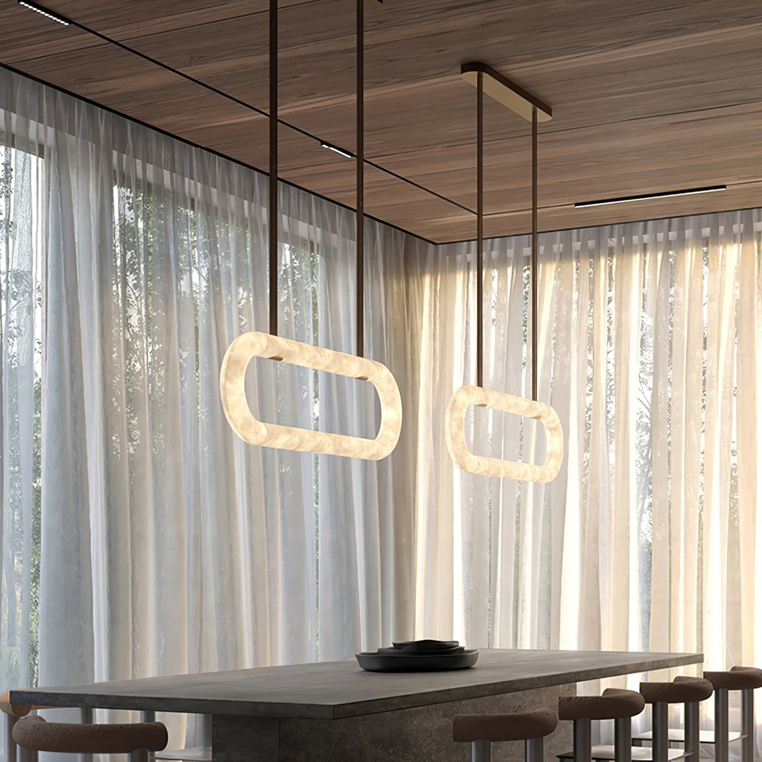 Luxury Alabaster Ring Chandelier with Brown Leather Straps and Integrated LED