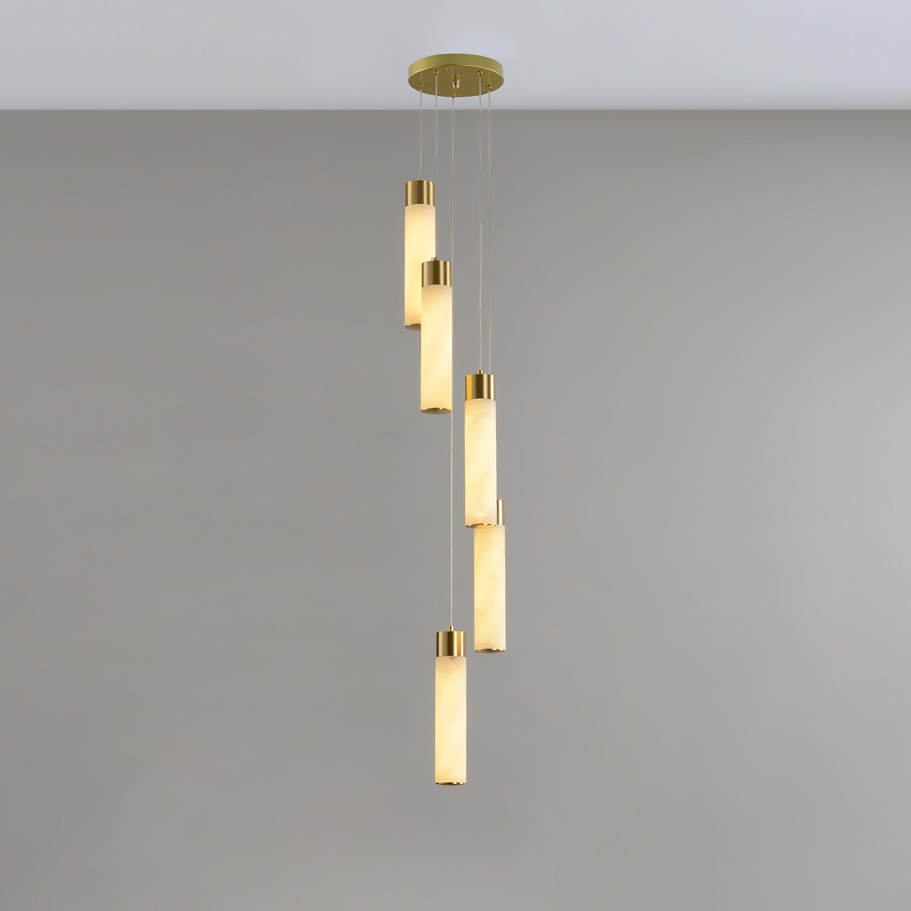 Luxury Alabaster Stone Cylinder Pendant Chandelier with Brass Fittings for Grand Entryways