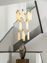 Luxury Alabaster Stone Cylinder Pendant Chandelier with Brass Fittings for Grand Entryways