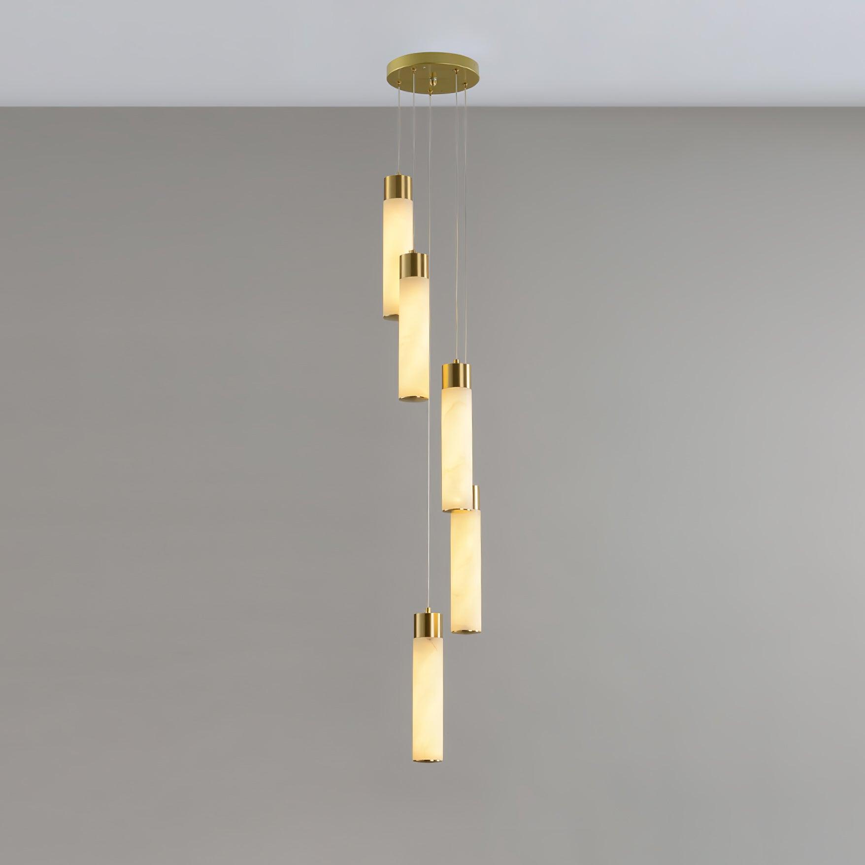 Luxury Alabaster Stone Cylinder Pendant Chandelier with Brass Fittings for Grand Entryways