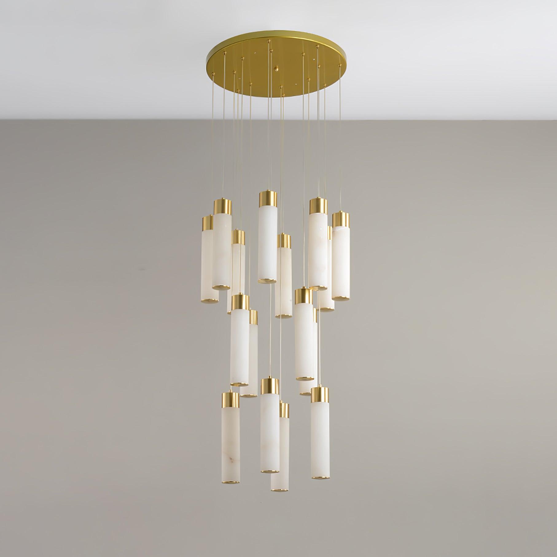 Luxury Alabaster Stone Cylinder Pendant Chandelier with Brass Fittings for Grand Entryways
