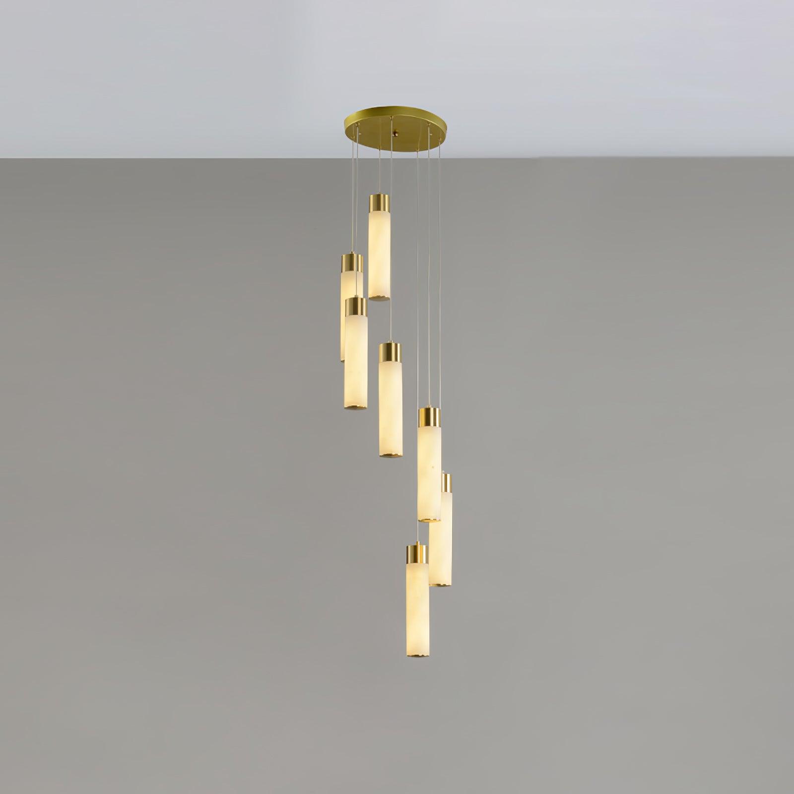 Luxury Alabaster Stone Cylinder Pendant Chandelier with Brass Fittings for Grand Entryways