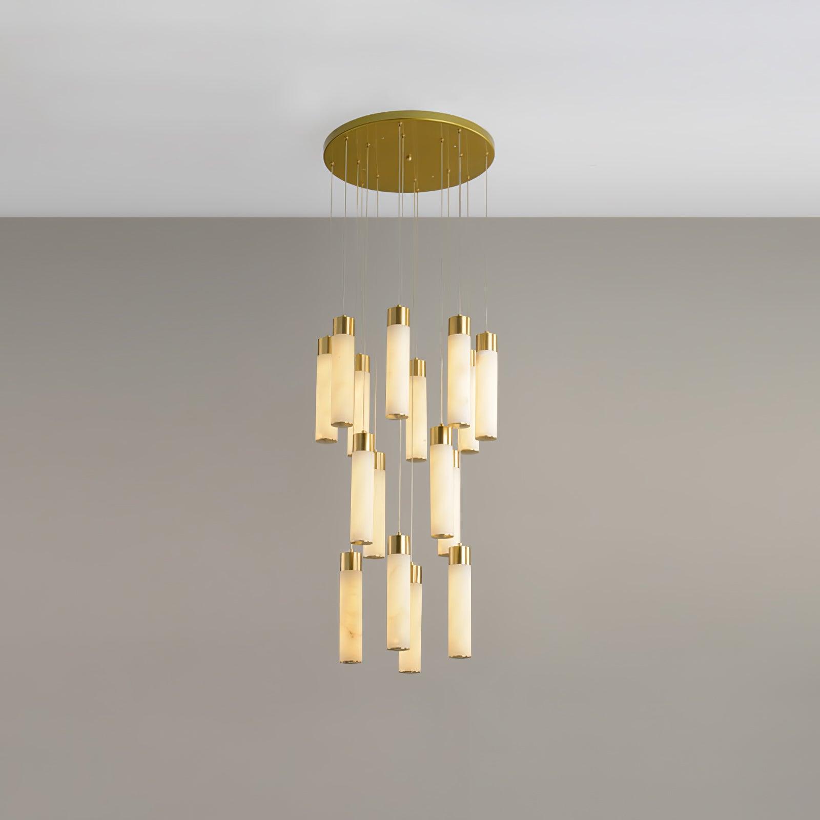 Luxury Alabaster Stone Cylinder Pendant Chandelier with Brass Fittings for Grand Entryways