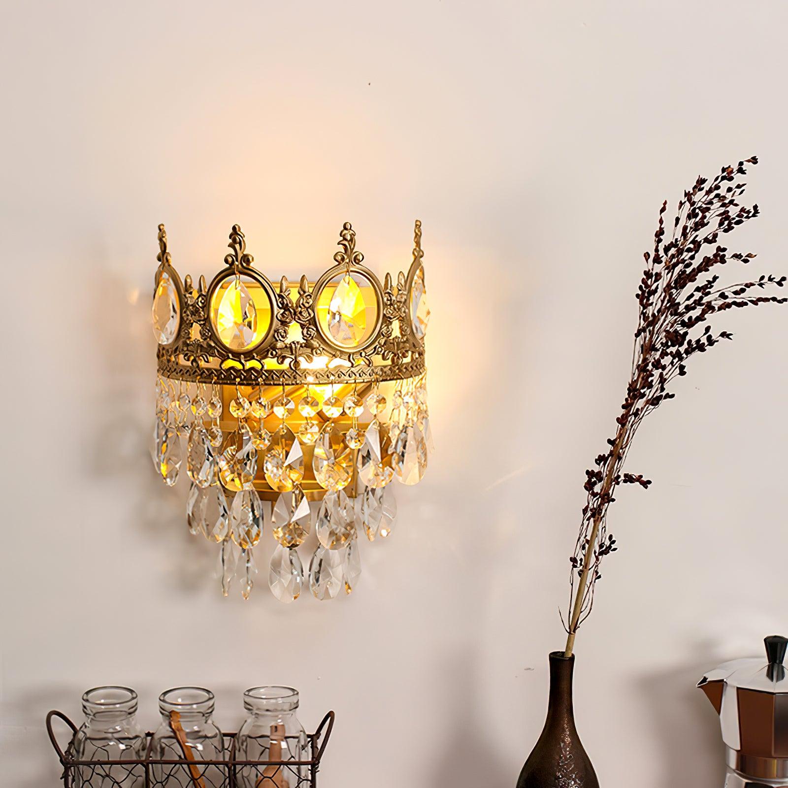 Luxury Antique Crystal Wall Sconce Set of 2 Brass and Glass Droplet Indoor Lighting Fixtures