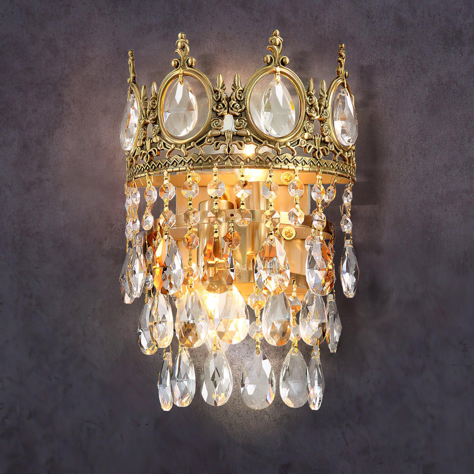 Luxury Antique Crystal Wall Sconce Set of 2 Brass and Glass Droplet Indoor Lighting Fixtures