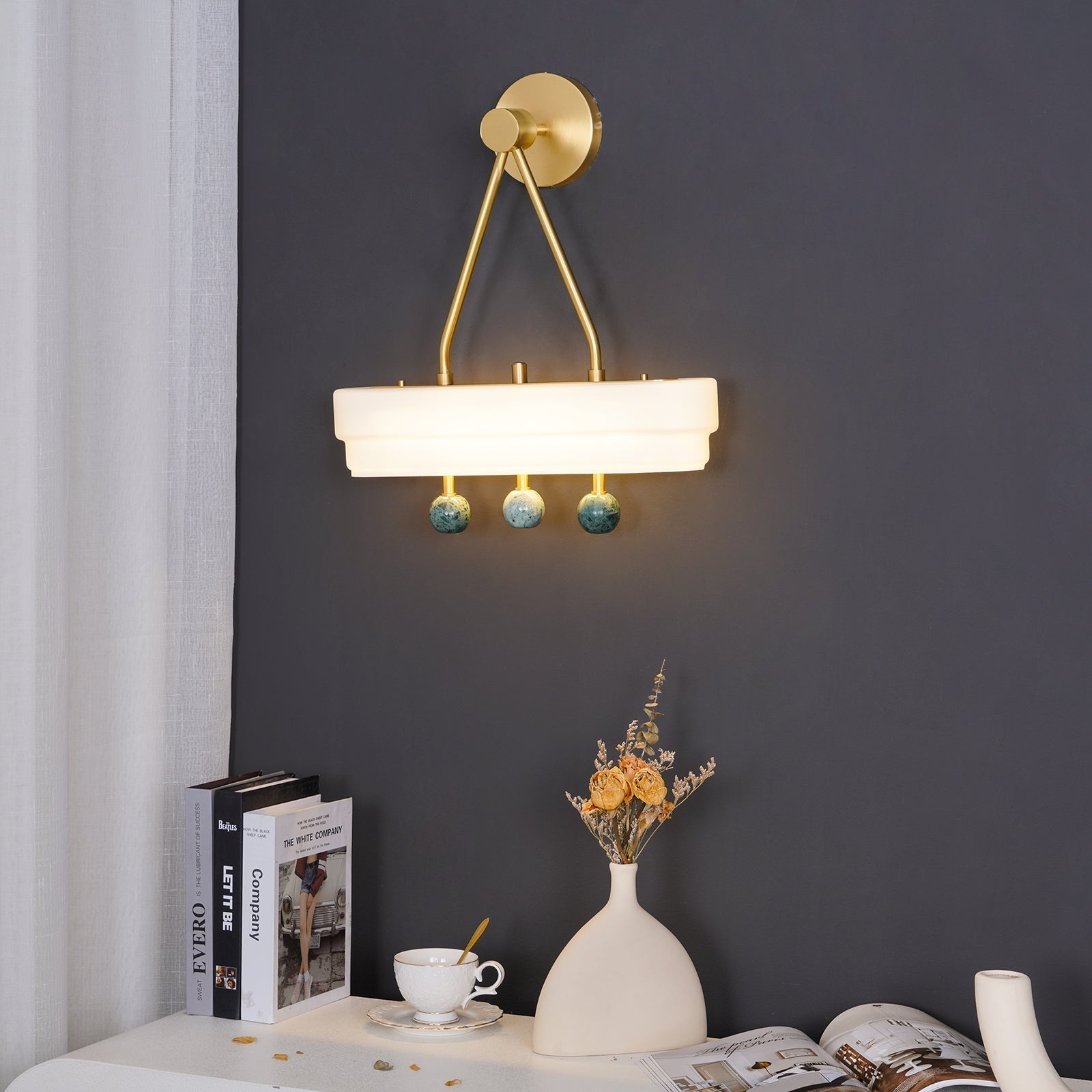 Luxury Art Deco Spate Wall Sconce with Marble Spheres and Opal Glass Shade