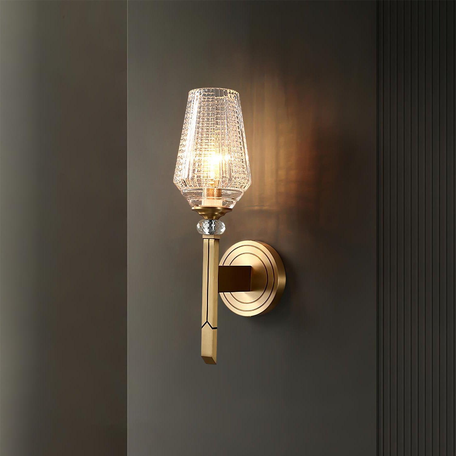 Luxury Brass Bracket Light Wall Sconce with Faceted Ribbed Glass Shade Set of 2
