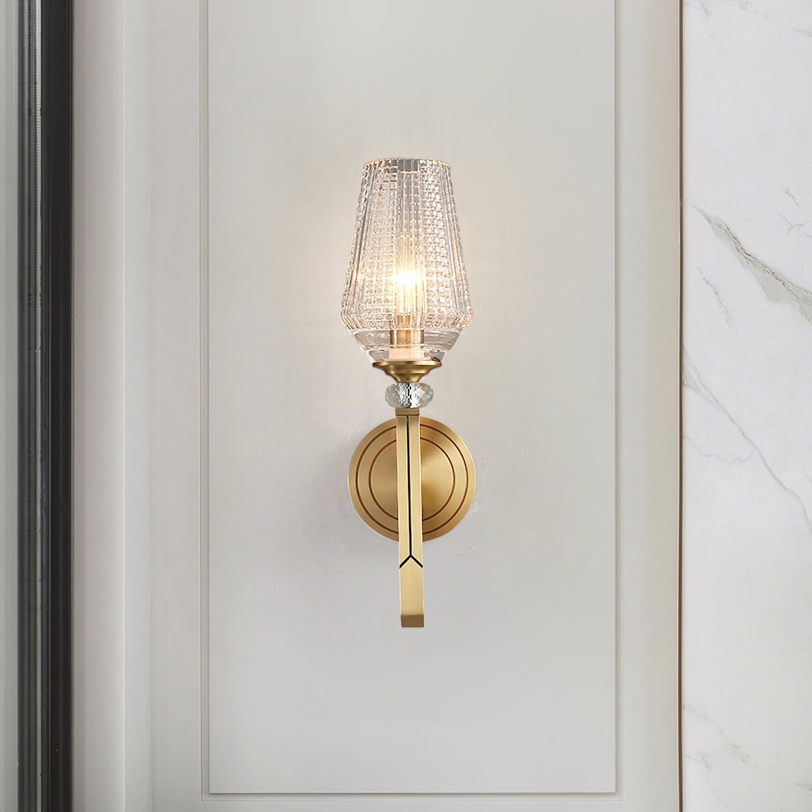 Luxury Brass Bracket Light Wall Sconce with Faceted Ribbed Glass Shade Set of 2