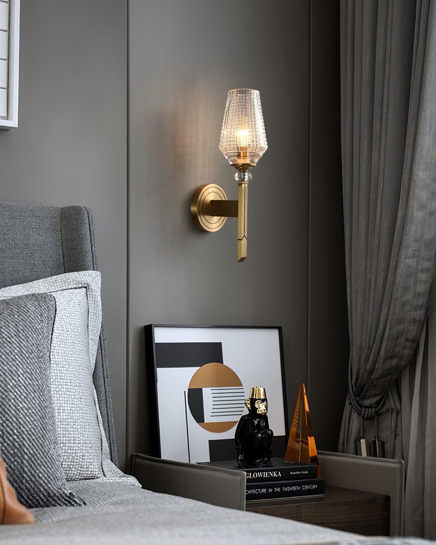 Luxury Brass Bracket Light Wall Sconce with Faceted Ribbed Glass Shade Set of 2