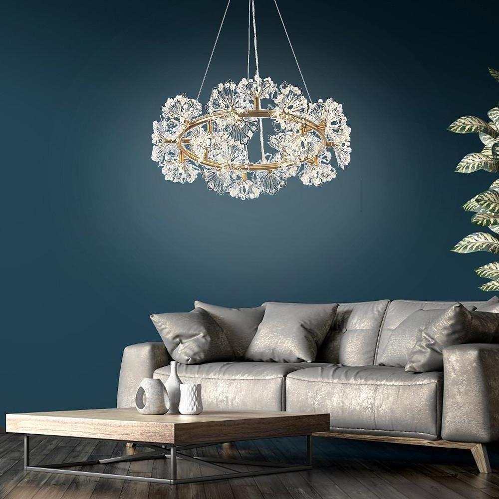 Luxury Circle Flower Crystal Chandelier Electroplated Metal LED Pendant Light Fixture for Modern Homes