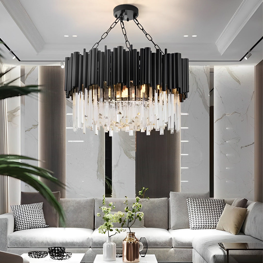 Luxury Circular Black Metal and Clear Crystal Pendant Light Modern LED Chandelier