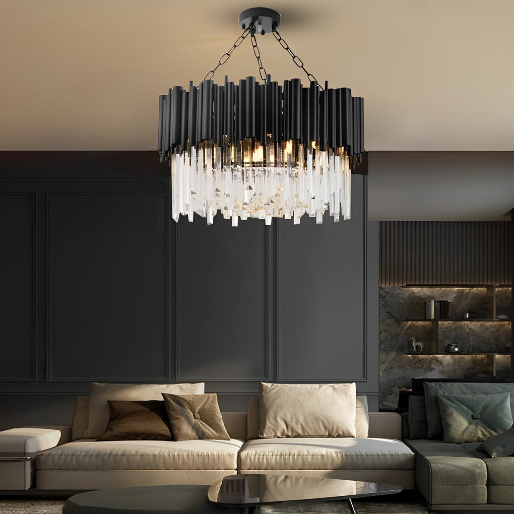 Luxury Circular Black Metal and Clear Crystal Pendant Light Modern LED Chandelier