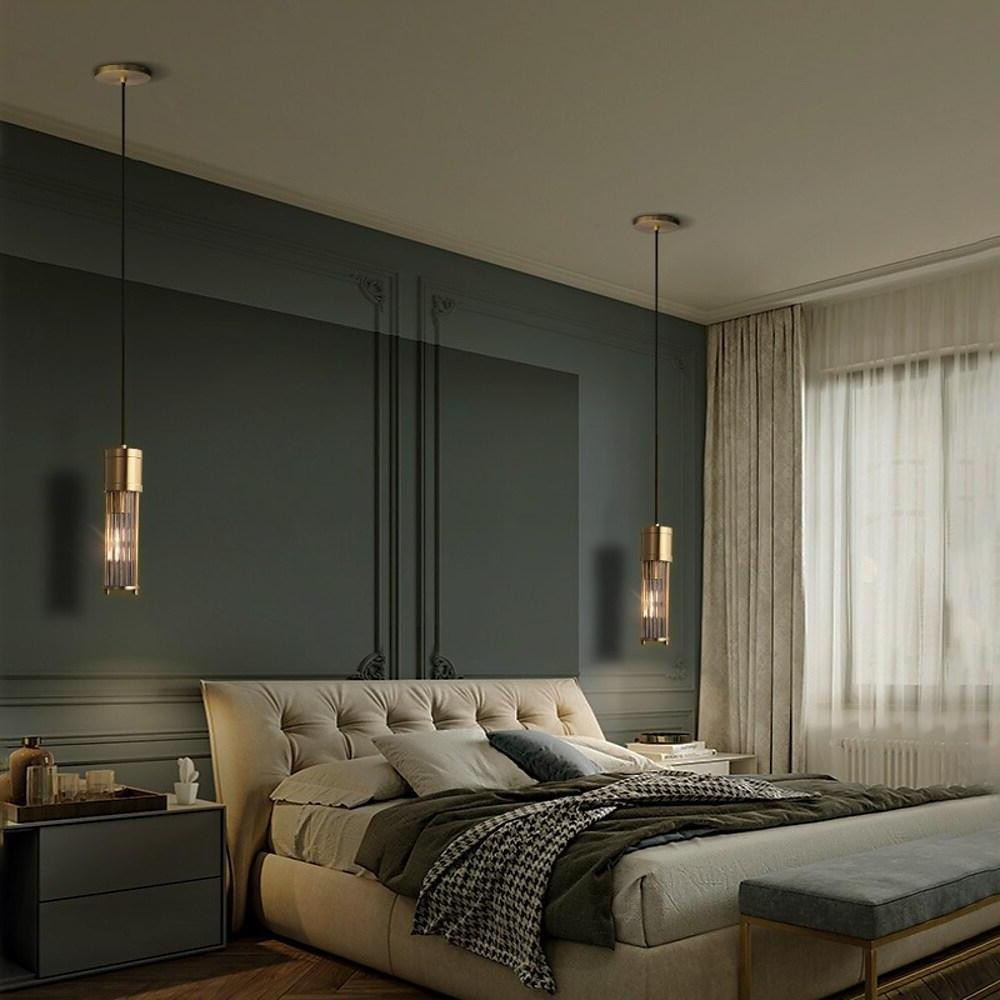 Luxury Crystal LED Cylinder Pendant Light Brass Copper Finish Hanging Lamp for Dining Room