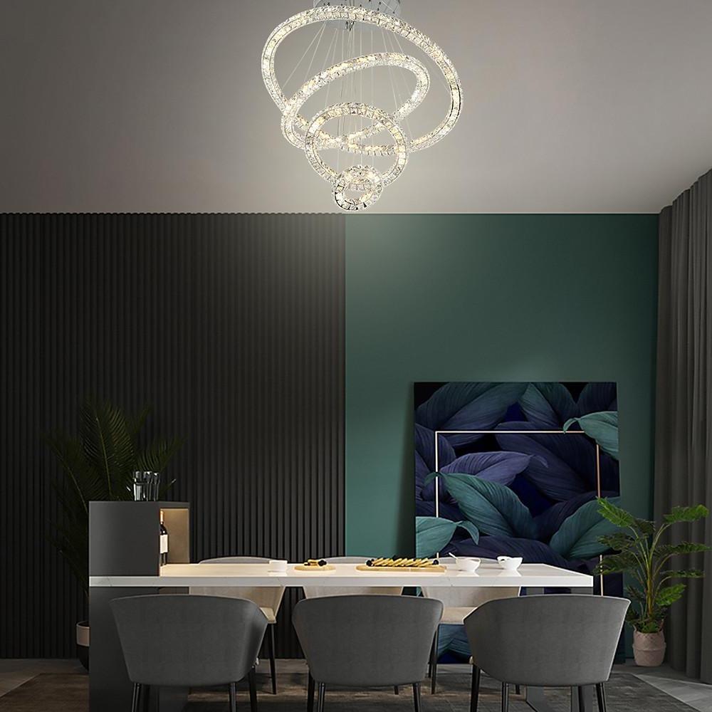 Luxury Crystal Ring LED Chandelier Adjustable Tiered Hanging Pendant Light in Chrome