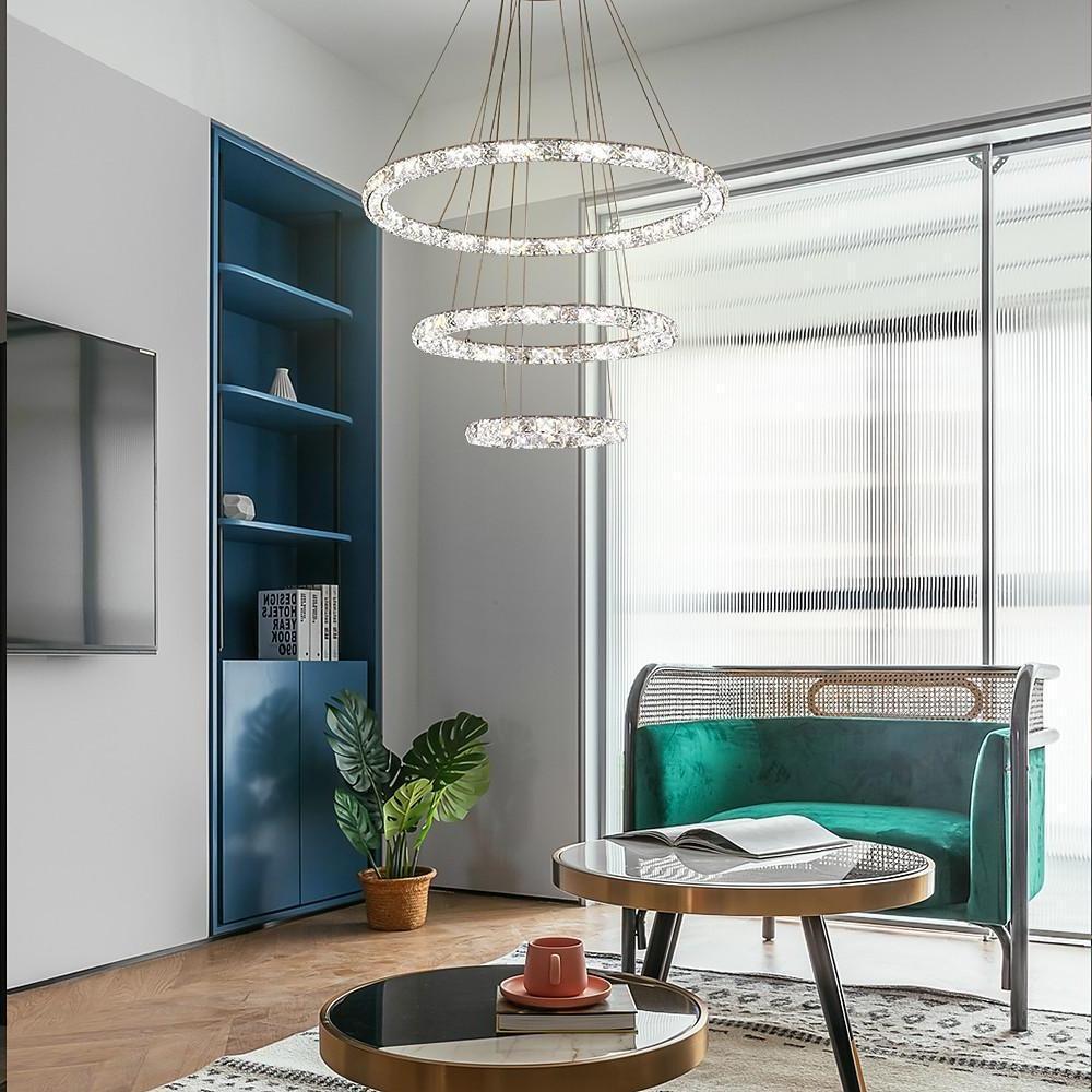 Luxury Crystal Ring LED Chandelier Adjustable Tiered Hanging Pendant Light in Chrome
