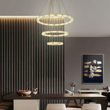 Luxury Crystal Ring LED Chandelier Adjustable Tiered Hanging Pendant Light in Chrome