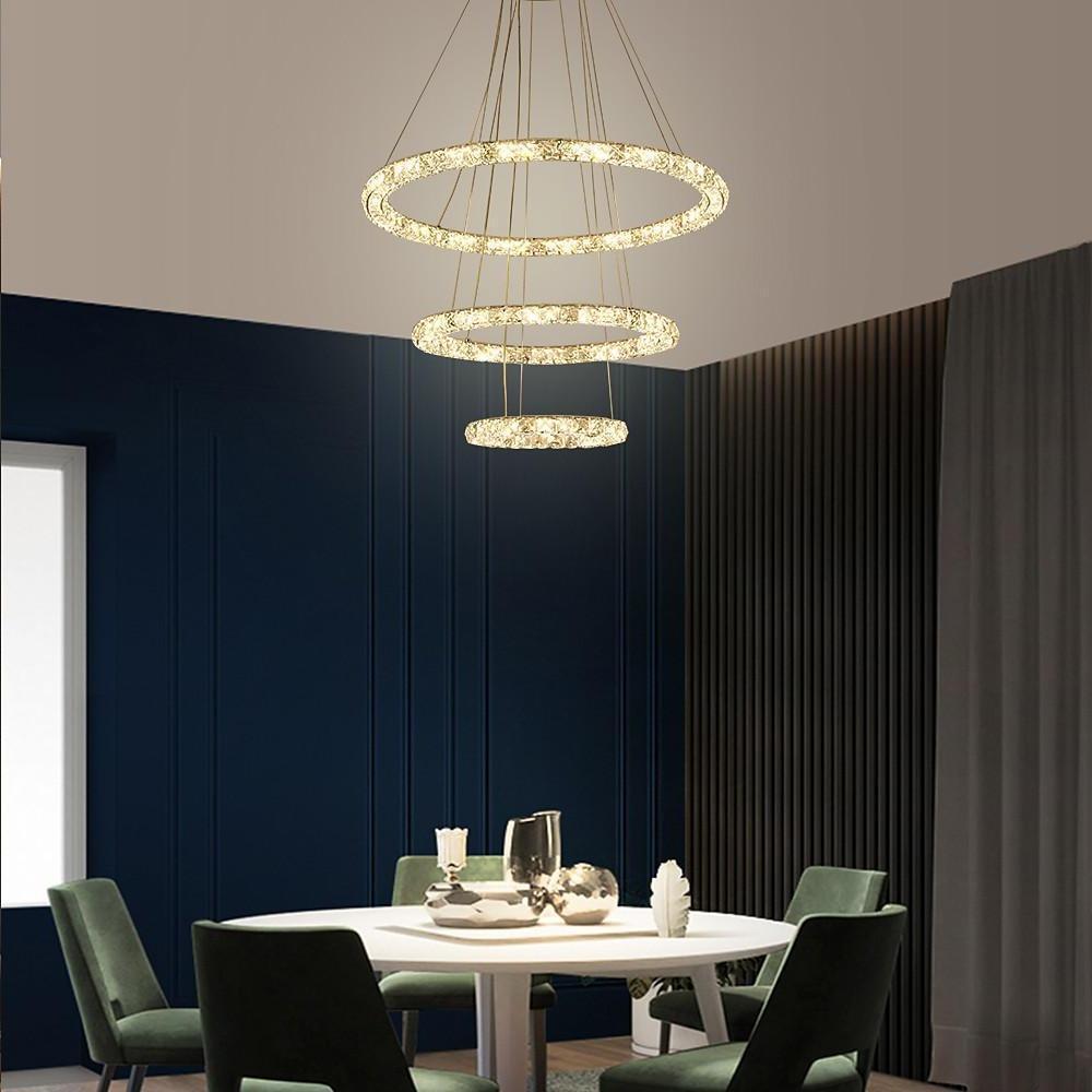 Luxury Crystal Ring LED Chandelier Adjustable Tiered Hanging Pendant Light in Chrome