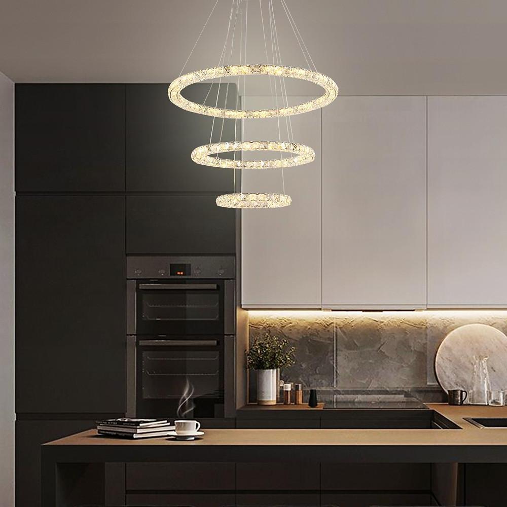 Luxury Crystal Ring LED Chandelier Adjustable Tiered Hanging Pendant Light in Chrome