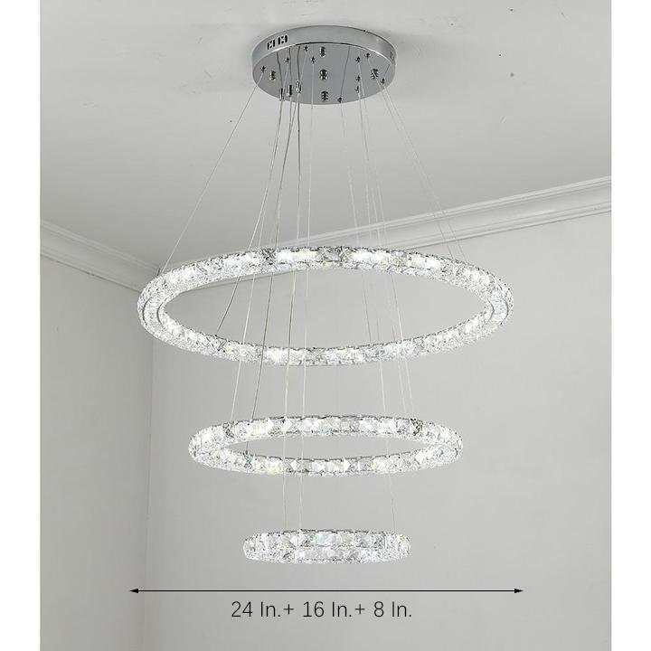Luxury Crystal Ring LED Chandelier Adjustable Tiered Hanging Pendant Light in Chrome