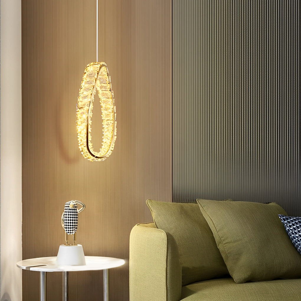 Luxury Crystal Ring LED Pendant Lamp Modern Circle Chandelier with Adjustable Cord and 3 Color Dimming